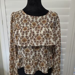 Gypsies & Moondust Cream and Brown Peplum Blouse with Bib Collar